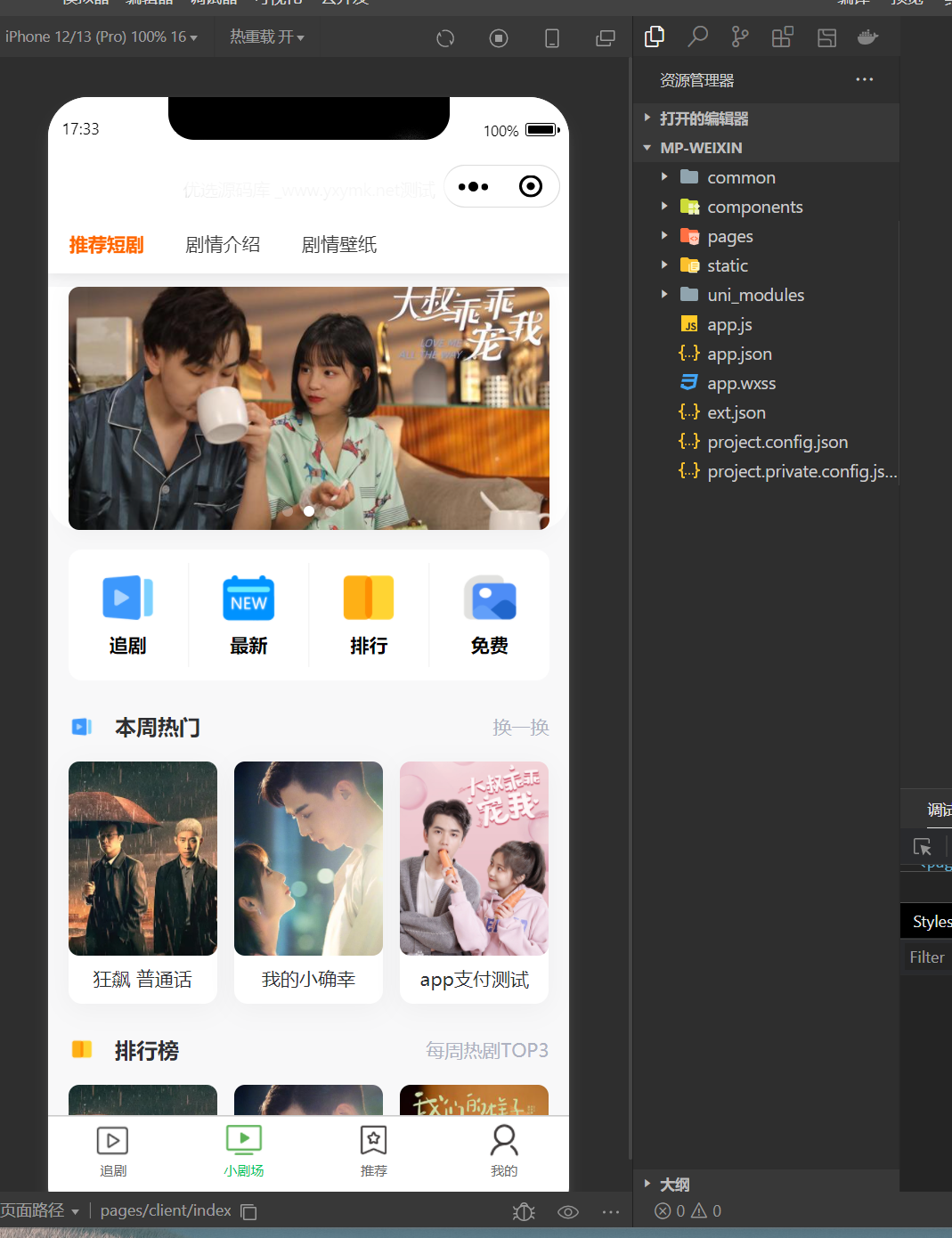 仿抖音滑动小短剧影视带支付收益等模式的微信小程序源码-彩金网